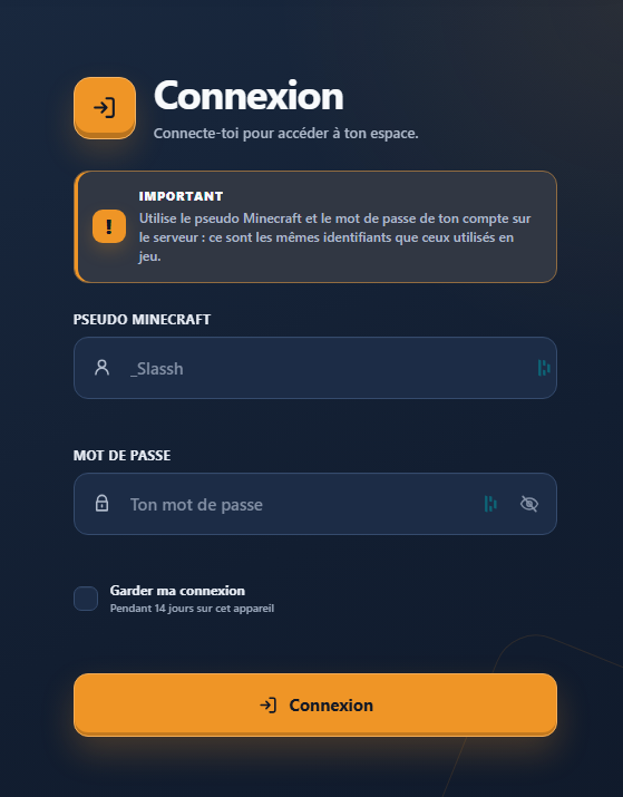 Connexion avec le pseudo Minecraft et le mot de passe du serveur
